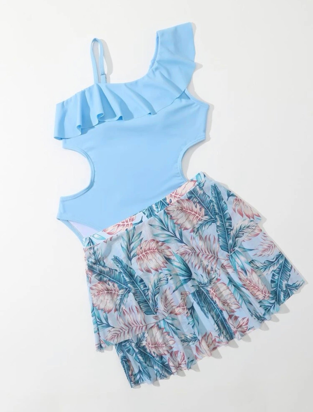 Girls one piece swimsuit with tropical skirt - Ally Pop