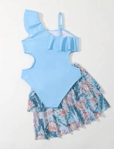 Girls one piece swimsuit with tropical skirt - Ally Pop